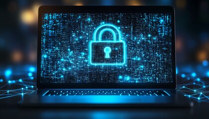 Fototapete - Digital padlock hologram on laptop screen with glowing network connections in the background