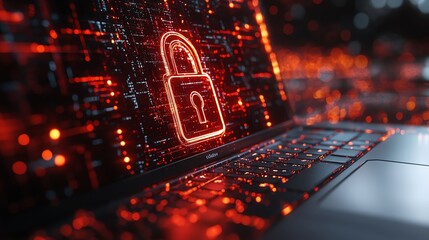Fototapete - Digital padlock hologram on laptop screen with glowing network connections in the background