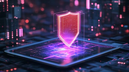 Leinwandbilder - Floating holographic shield icon above a tablet in a digital network background
