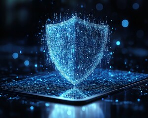 Fototapete - Holographic shield icon floating above a tablet in a digital network background
