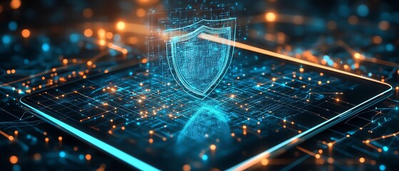 Fototapete - Holographic shield icon floating above a tablet in a digital network background