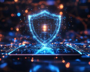Fototapete - Holographic shield icon floating above a tablet in a digital network background
