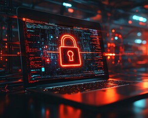 Fototapete - Laptop screen displaying digital padlock hologram, surrounded by network connections in the background, 3D rendering, cybersecurity concept, digital encryption, hightech protection