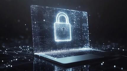 Fototapete - Laptop screen with digital padlock hologram and network connections in the background, 3D rendering, cybersecurity technology, encrypted data, hightech digital security