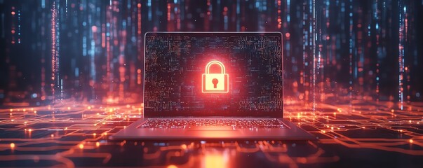 Leinwandbilder - Laptop screen with digital padlock hologram, surrounded by glowing network connections in the background, 3D rendering, hightech cybersecurity, encrypted data, modern protection