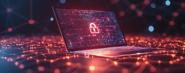 Leinwandbilder - Laptop screen with digital padlock hologram, surrounded by glowing network connections in the background, 3D rendering, hightech cybersecurity, encrypted data, modern protection