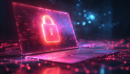 Leinwandbilder - Laptop with digital padlock hologram on screen