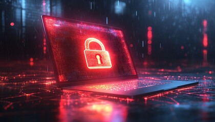 Fototapete - Laptop with digital padlock hologram on screen