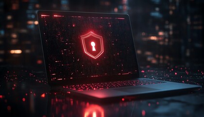 Fototapete - Laptop with open padlock and shield symbol displayed on screen