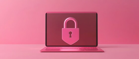 Poster - Laptop with open padlock symbol on shield displayed on screen, representing cybersecurity and online safety, 3D rendering, modern digital protection, encryption technology