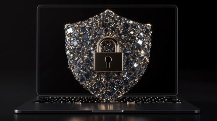 Poster - Open padlock on shield displayed on laptop screen, symbolizing online safety, protection, and cybersecurity, 3D rendering, digital security, encryption concept, advanced technology