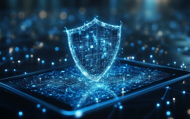 Fototapete - 3D holographic shield icon floating above a tablet