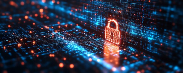 Fototapete - 3D rendering of digital padlock hologram on laptop screen, with network connections in the background, symbolizing cybersecurity, encrypted data, digital protection, modern tech