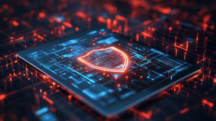 Fototapete - 3D rendering of holographic shield icon floating above a tablet in a digital network background