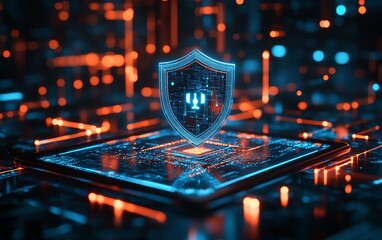 Aufkleber - 3D rendering of holographic shield icon hovering above a tablet, digital network connections in the background, symbolizing cybersecurity, data encryption, digital protection