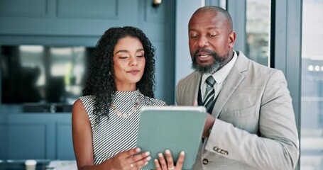 Poster - Office, business people and smile with tablet for discussion, finance and investment research. Teamwork, mature investor and financial advisor with tech for risk management, report review and advice