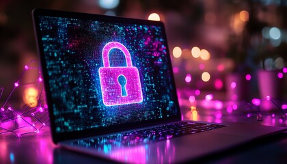 Fototapete - 3D rendering of laptop displaying digital padlock hologram, with glowing network connections in the background, symbolizing encryption, cybersecurity, and modern digital protection