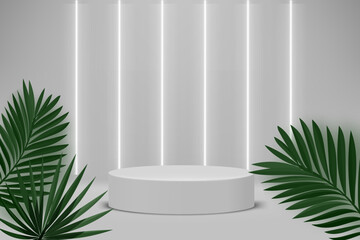 Poster - Bright room with podium and green leaves. 3d vector background