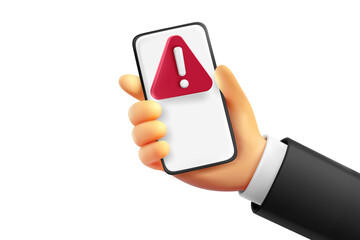 Poster - Man holding modern smartphone with danger sign. Spam call concept. 3d vector banner