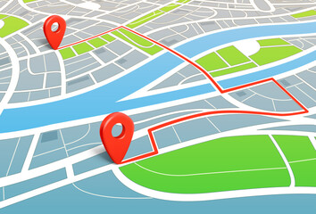 Poster - Abstract city map with red pins. Find the way concept. 3d vector illustration