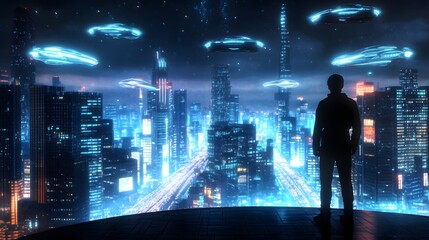 Wall Mural - a futuristic city skyline with flying cars zooming by, and a person standing on a balcony overlookin