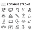 © riky - Collection of icons related to medical diagnostic equipment. Contains icons such as ultrasound, stethoscope, thermometer and many more. Line style vector.