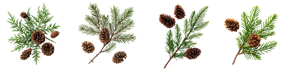 Assorted green coniferous tree twigs with pinecones in a natural arrangement  Evergreen forest plant branches with needles and cones as a natural backdrop or Christmas
