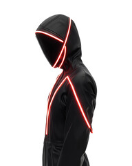 Poster - model in futuristic sci fi jumpsuit with sharp angles and glowing red lines, creating sleek and modern appearance. hooded design adds mysterious and edgy vibe