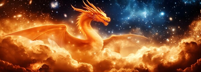 Wall Mural - a majestic, glowing dragon flying through a celestial sky filled with swirling galaxies and distant 