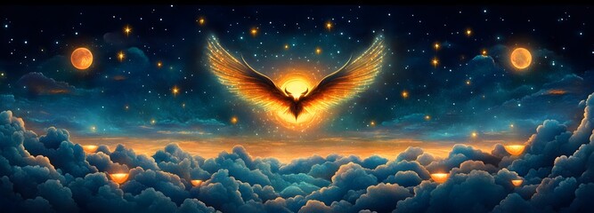 Wall Mural - a mystical creature with wings of light, soaring through a twilight sky filled with floating islands