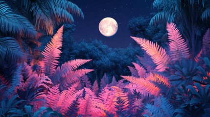 Wall Mural - a magical forest of oversized ferns glowing in different pastel shades under a floating moon