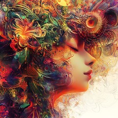Wall Mural - colorful abstract portrait with intricate patterns and vivid swirls capturing emotions of nature and