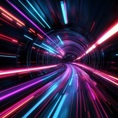Wall Mural - vibrant neon light trails flowing through a futuristic abstract tunnel in motion at high speed