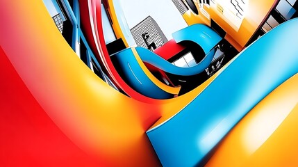 Wall Mural - colorful abstract design with bright curves and geometric shapes twisting around in a modern urban e