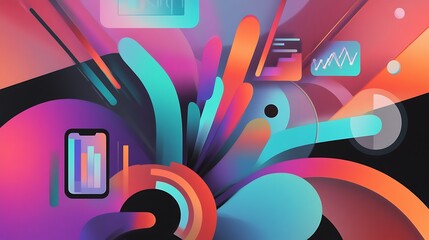 Wall Mural - abstract colorful digital composition with shapes, charts, and mobile devices illustrating data visu