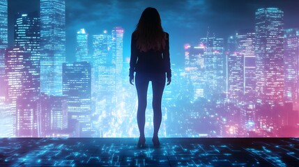 Wall Mural - a young woman standing on a rooftop at dusk, gazing out at a futuristic city with neon lights glowin