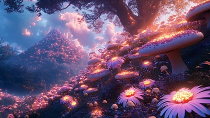 Wall Mural - a surreal hilltop covered in glowing mushrooms and oversized pastel daisies
