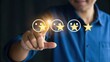 © Thitiporn - Service Satisfaction: A man's finger interacts with a visual representation of customer feedback, illustrating satisfaction ratings with radiant stars, emphasizing service and quality.