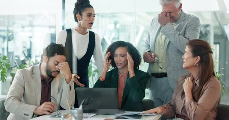 Aufkleber - Meeting, fail and crisis with business people and laptop in office for bad news, investor mistake and sad. Stock market crash, stress and glitch with frustrated employees for trading inflation