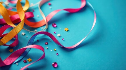 Wall Mural - vibrant ribbons and colorful sprinkles arranged on a teal background, creating a festive and celebra