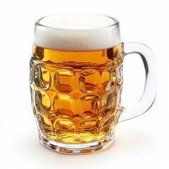 Leinwandbilder - A Refreshing Pint: Close-up of an icy cold beer mug filled to the brim with golden lager and a frothy white head on a clear day.