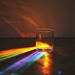 Aufkleber - Prismatic Light Display: Rainbow Light Refraction Through a Glass of Water on a Brown Surface Creates a Stunning Visual Effect