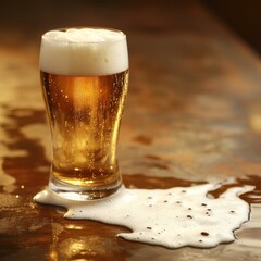 Leinwandbilder - Refreshing Golden Beer Overflowing, Bubbles in Glass, on Warm Toned Tabletop - A Toast to Refreshment and Relaxation