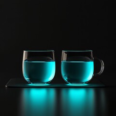 Leinwandbilder - Two Illuminated Glass Cups with Teal Liquid on a Dark Surface