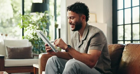 Leinwandbilder - Browsing, smile and man with tablet, home and proud of project in living room, remote work and happy. Confident, web designer and review of design with tech in lounge, scroll and creative in house