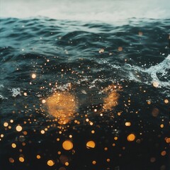 Wall Mural - a mesmerizing underwater scene showcasing shimmering golden light reflecting off dark ocean waves, c