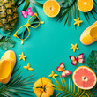 © Danish - A vibrant summer-themed flat lay featuring citrus fruits, sunglasses, flip-flops, tropical leaves, and small decorative elements on a bright turquoise background, evoking a fun beach vacation vibe.