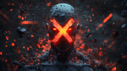 Pixelated Figure With Glowing Red X On Face Set Against A Dark Backdrop With Floating Particles