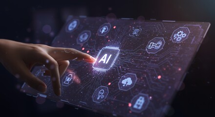 A hand touches an interface with artificial intelligence symbols