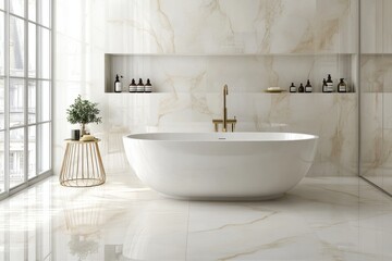 Poster - Modern bathroom featuring a freestanding bathtub and elegant marble decor in a bright, airy space